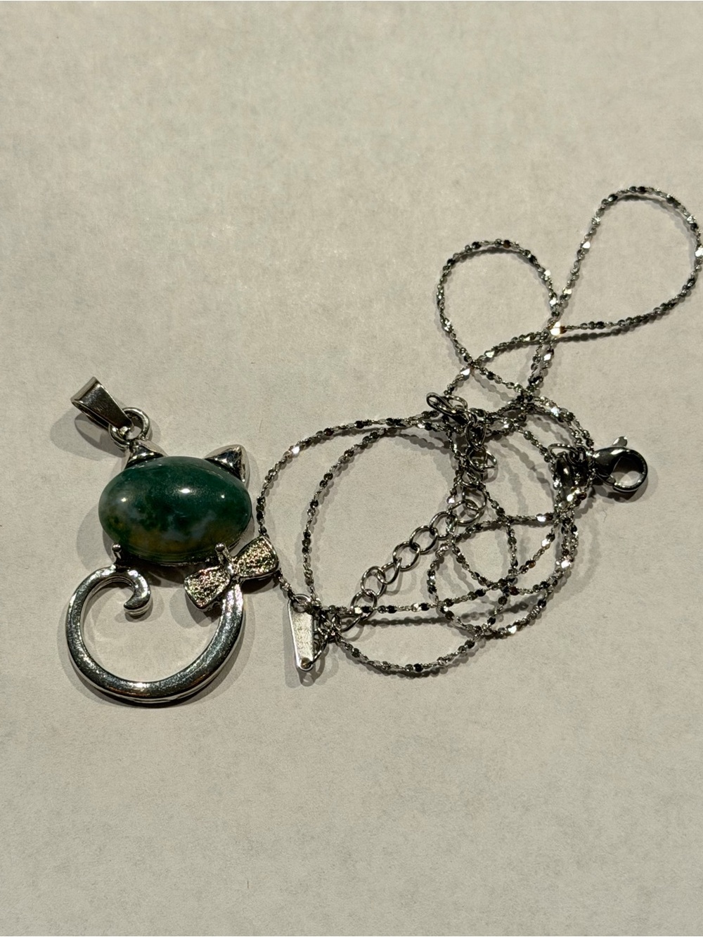 Silver Cat Pendant Necklace with Jasper Stone